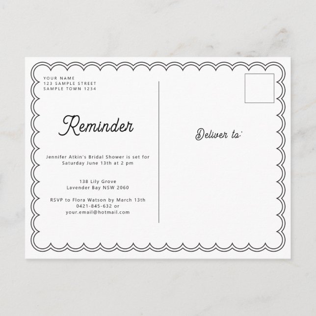 Minimalist scalloped border RSVP reminder card (Back)