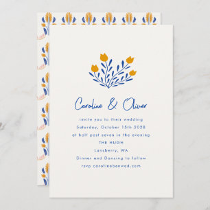 Minimalist Scandi Folk Floral Blue Yellow Wedding Invitation