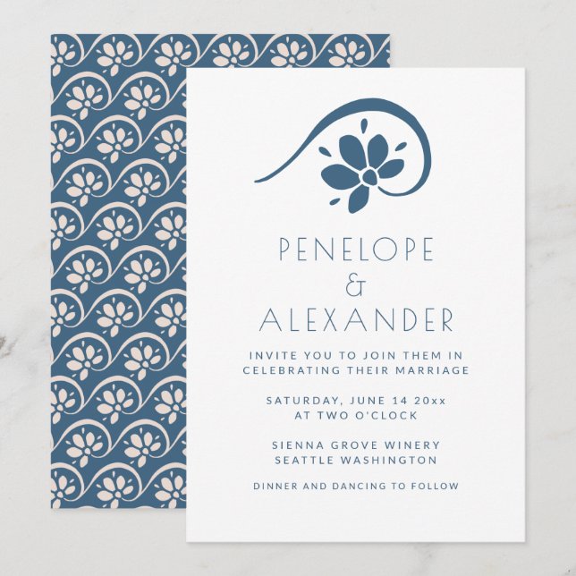 Minimalist Scandinavian Blue Floral Wedding Invitation (Front/Back)