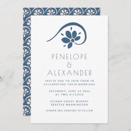 Minimalist Scandinavian Blue Floral Wedding Invitation