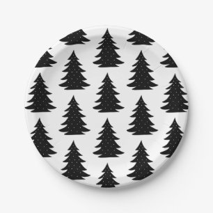 Minimalist Scandinavian Folk Black Christmas Tree Paper Plates