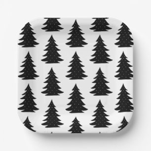 Minimalist Scandinavian Folk Black Christmas Tree Paper Plates