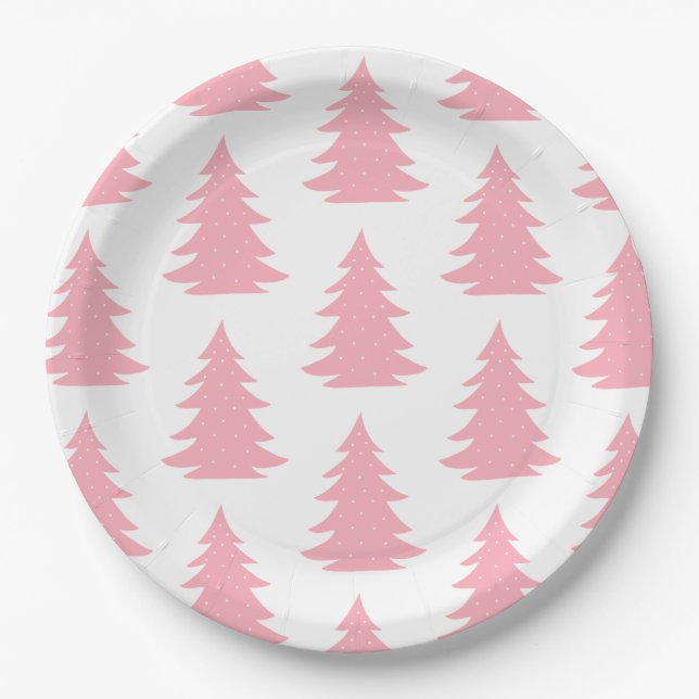Minimalist Scandinavian Folk Pink Christmas Tree   Paper Plates (Front)