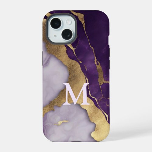 Minimalist Scandinavian Purple Marble Monogram iPhone 15 Case