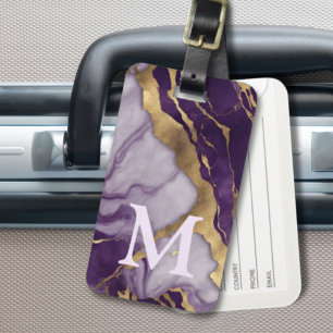 Minimalist Scandinavian Purple Marble Monogram Luggage Tag