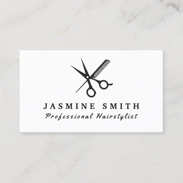 Minimalist Scissors And Comb Logo Hairstylist Business Card (Front)