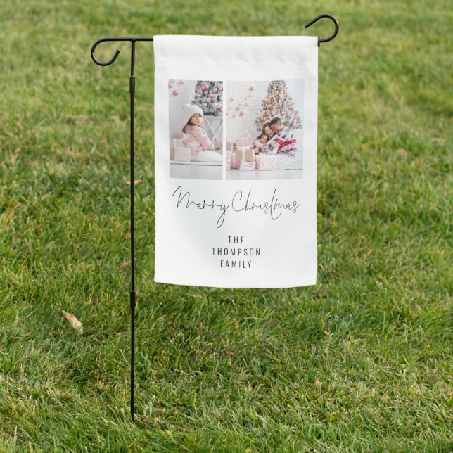 Minimalist Script 2 Photos Name Merry Christmas Garden Flag (In SItu)