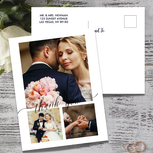 Minimalist Script 3 Photo Wedding Thank You  Postcard (Creator Uploaded)
