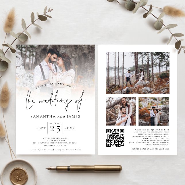 Minimalist Script 4 Photo QR Code Wedding  Invitation (Creator Uploaded)