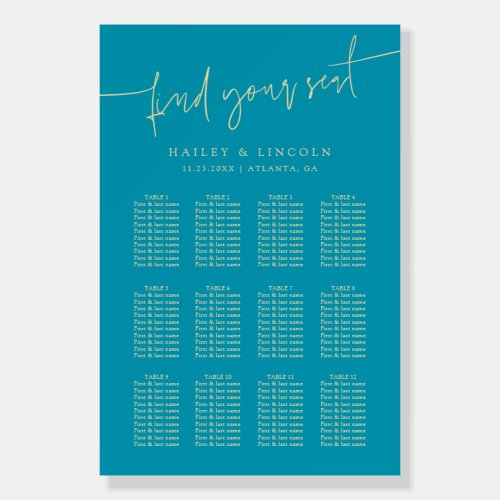 Minimalist Script Aqua Blue Wedding Seating Chart Foam Board