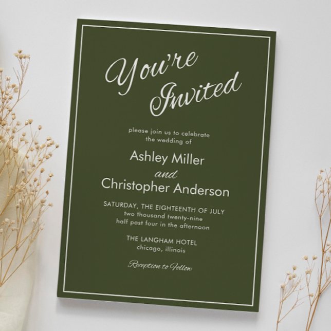 Minimalist Script Army Green Wedding Invitation (Creator Uploaded)