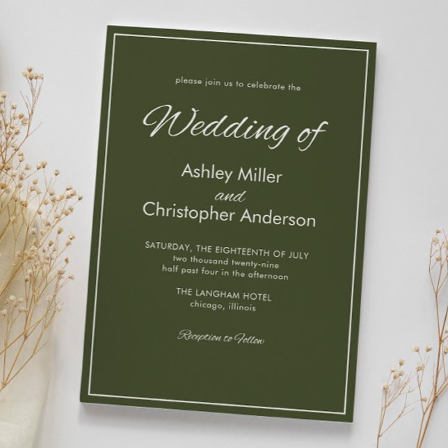 Minimalist Script Army Green Wedding Invitation (Creator Uploaded)