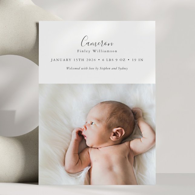 Minimalist Script Baby Name Photo Birth Stats Announcement (Creator Uploaded)