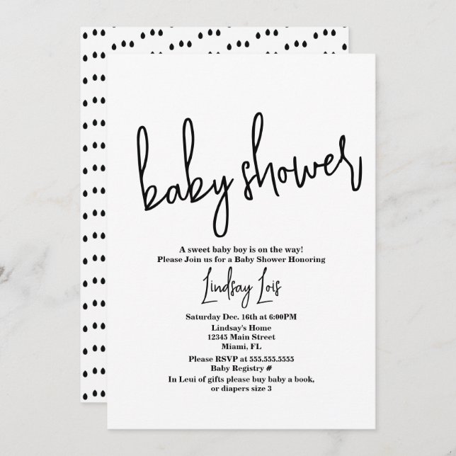 Minimalist Script Baby Shower Sprinkle Black White Invitation (Front/Back)