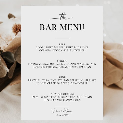 Minimalist Script Bar Menu Cheers Wedding Sign