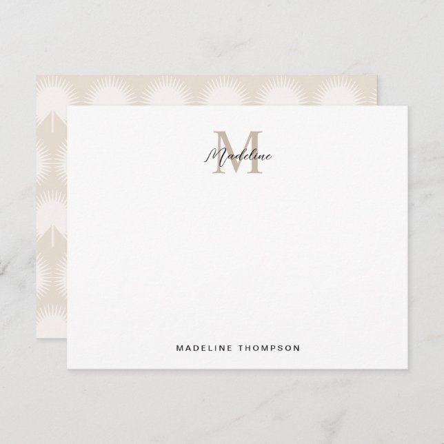 Minimalist Script Beige Anahaw Leaves Monogram Note Card (Front/Back)