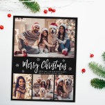 Minimalist Script Black 4 Photo Collage Christmas Postcard<br><div class="desc">Budget, Elegant, Modern, Snowflake 4 Photo Collage Merry Christmas Script Black Holiday Postcard. This festive, mimimalist, whimsical four (4) photo holiday card template features a pretty photo collage, some snowflake and says Merry Christmas! The „Merry Christmas” greeting text is written in a beautiful white color hand lettered typography font type...</div>
