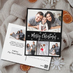Minimalist Script Black 4 Photo Collage Christmas Postcard<br><div class="desc">Budget, Elegant, Modern, Black and White Snowflake 4 Photo Collage Merry Christmas Script Holiday Postcard. This festive, mimimalist, whimsical four (4) photo holiday card template features a pretty photo collage, some snowflake and says Merry Christmas! The „Merry Christmas” greeting text is written in a beautiful white color hand lettered typography...</div>