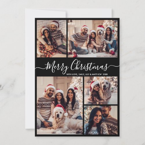 Minimalist Script Black 5 Photo Collage Christmas Holiday Card
