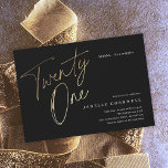 Minimalist Script Black and Gold 21st Birthday Invitation<br><div class="desc">Modern minimalist 21st birthday party invitation features stylish faux gold foil number handwritten script Twenty One and your party details in classic serif font on black background color, simple and elegant, great surprise adult milestone birthday invitation for men and women. The black background color can be changed to any color...</div>