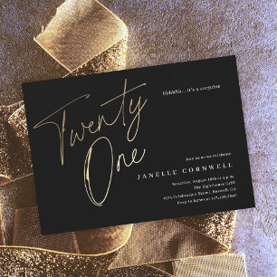 Minimalist Script Black and Gold 21st Birthday Invitation