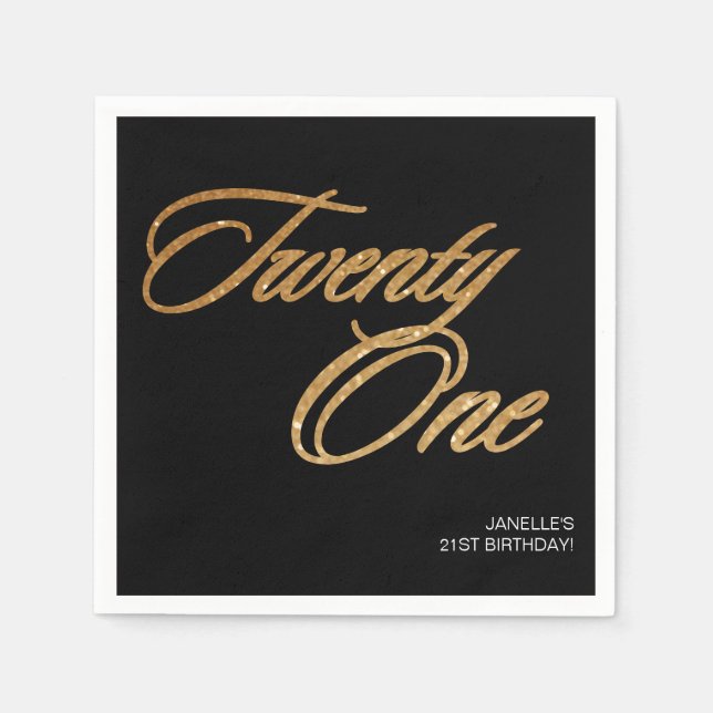 Minimalist Script Black and Gold 21st Birthday Napkins (Front)