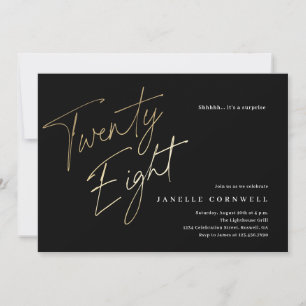 Minimalist Script Black and Gold 28th Birthday Invitation