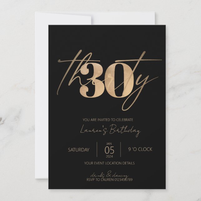 Minimalist Script Black and Gold 30th Birthday Invitation (Front)