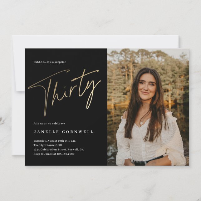 Minimalist Script Black and Gold 30th Birthday Invitation (Front)
