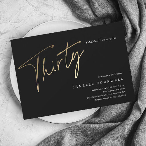 Minimalist Script Black and Gold 30th Birthday