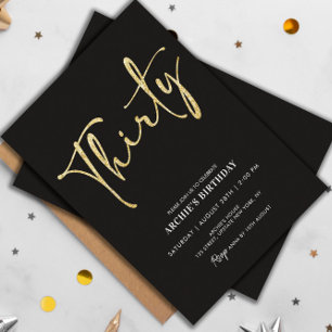 Minimalist Script Black and Gold 30th Birthday Invitation
