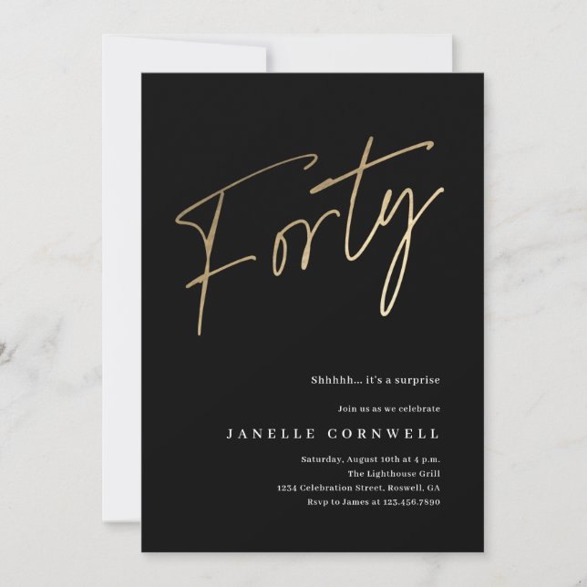 Minimalist Script Black and Gold 40th Birthday Invitation (Front)