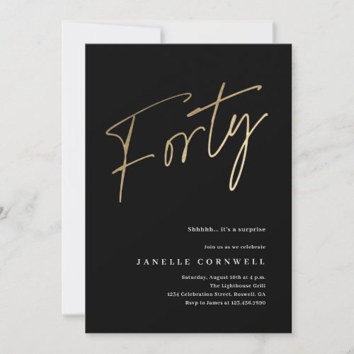 Minimalist Script Black and Gold 40th Birthday Invitation