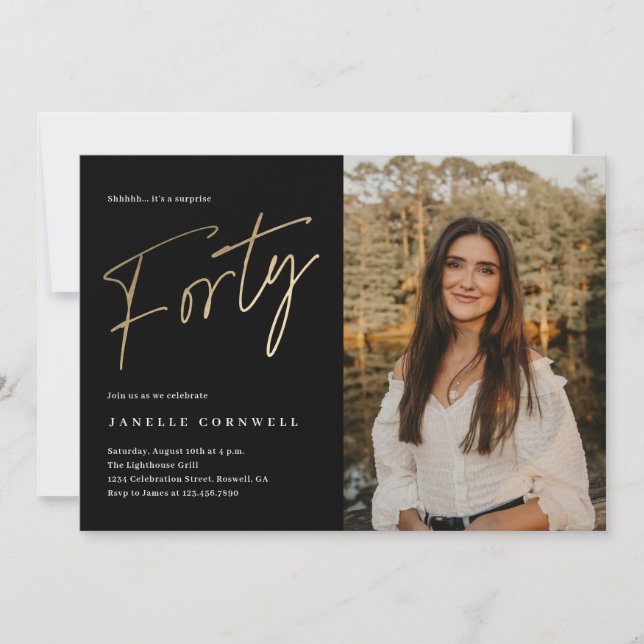 Minimalist Script Black and Gold 40th Birthday Invitation (Front)