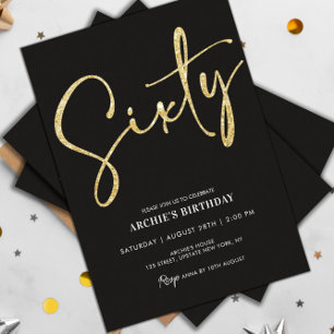 Minimalist Script Black and Gold 60th Birthday Invitation