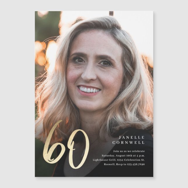 Minimalist Script Black and Gold 60th Birthday Magnetic Invitation (Front)
