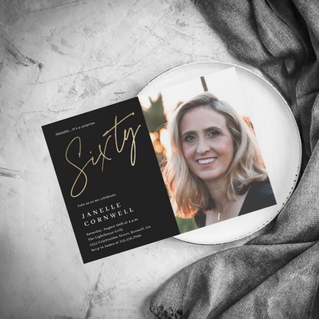 Minimalist Script Black and Gold 60th Photo Invitation (Creator Uploaded)