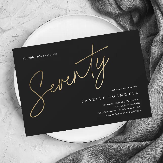 Minimalist Script Black and Gold 70th Birthday Magnetic Invitation | Zazzle