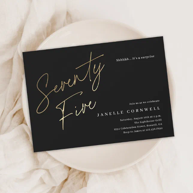 Minimalist Script Black and Gold 75th Birthday Invitation | Zazzle