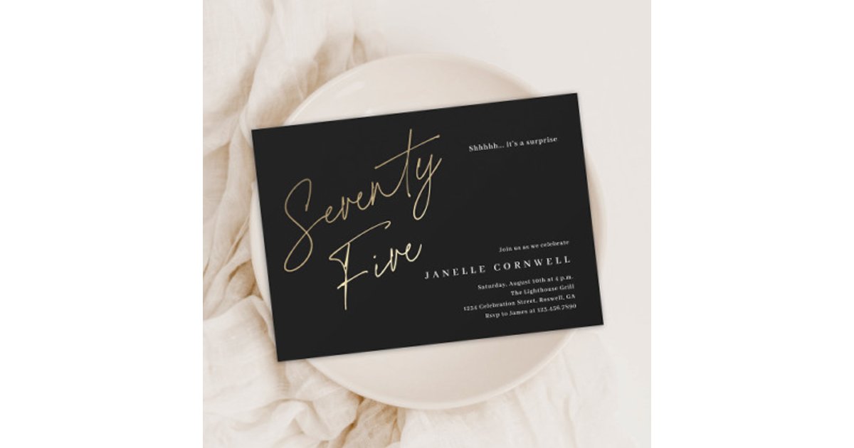 Minimalist Script Black and Gold 75th Birthday Invitation Postcard | Zazzle