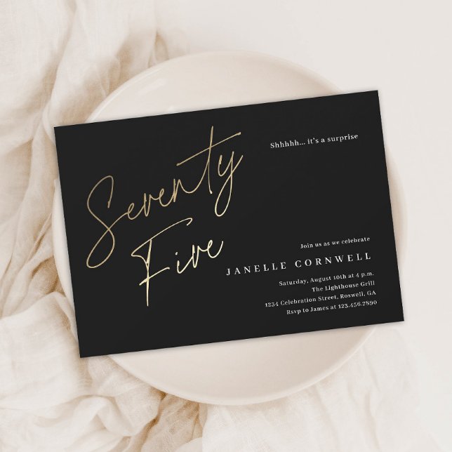 Minimalist Script Black and Gold 75th Birthday Magnetic Invitation (Modern gold script 75th birthday party magnetic invitations.)