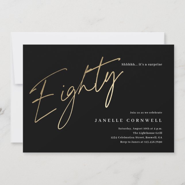 Minimalist Script Black and Gold 80th Birthday Invitation (Front)