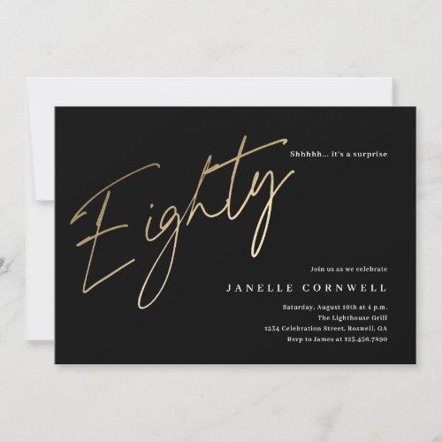 Minimalist Script Black and Gold 80th Birthday Invitation