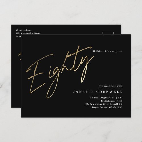 Minimalist Script Black and Gold 80th Birthday Postcard