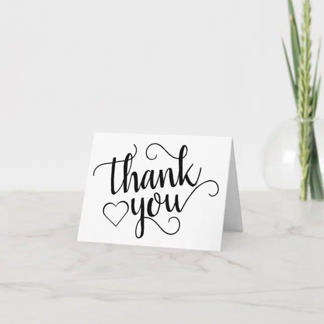 Minimalist Script | Black and White Heart Photo Thank You Card | Zazzle