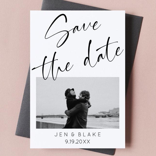 Minimalist Script Black and White Save the Date Invitation (minimalist modern black and white script cursive save the date with photo)