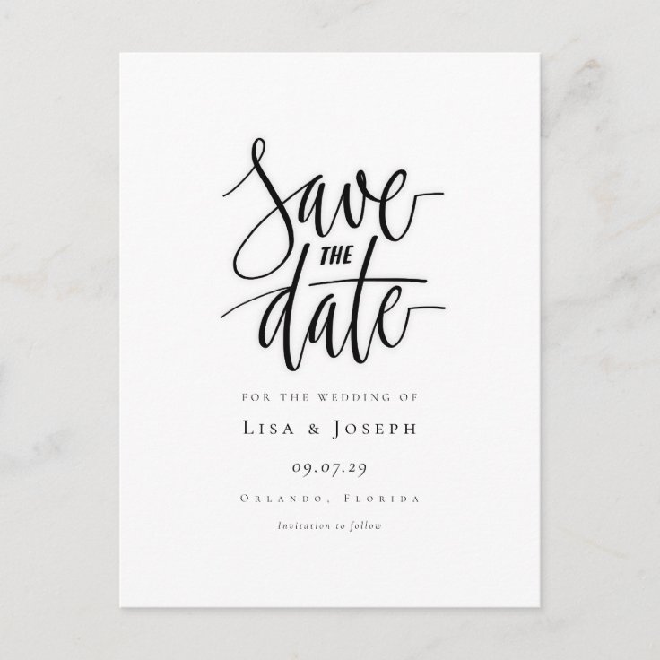 Minimalist Script Black and White Save the Date Postcard | Zazzle