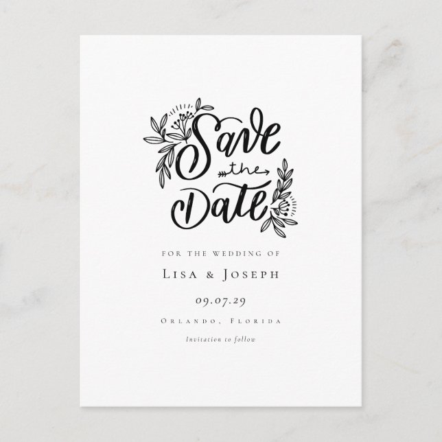 Minimalist Script Black and White Save the Date Postcard (Front)