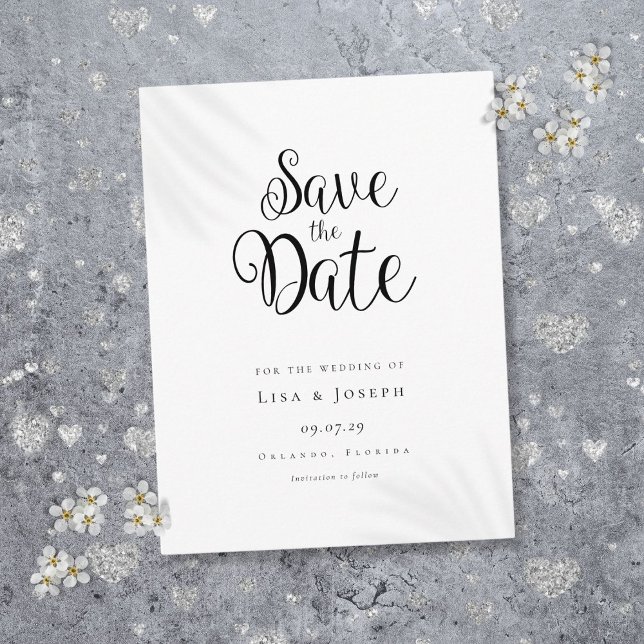 Minimalist Script Black and White Save the Date Postcard (Minimalist Script Black and White Save the Date Postcard)