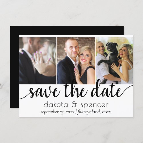 Minimalist Script  Black and White Simple 3 Photo Save The Date